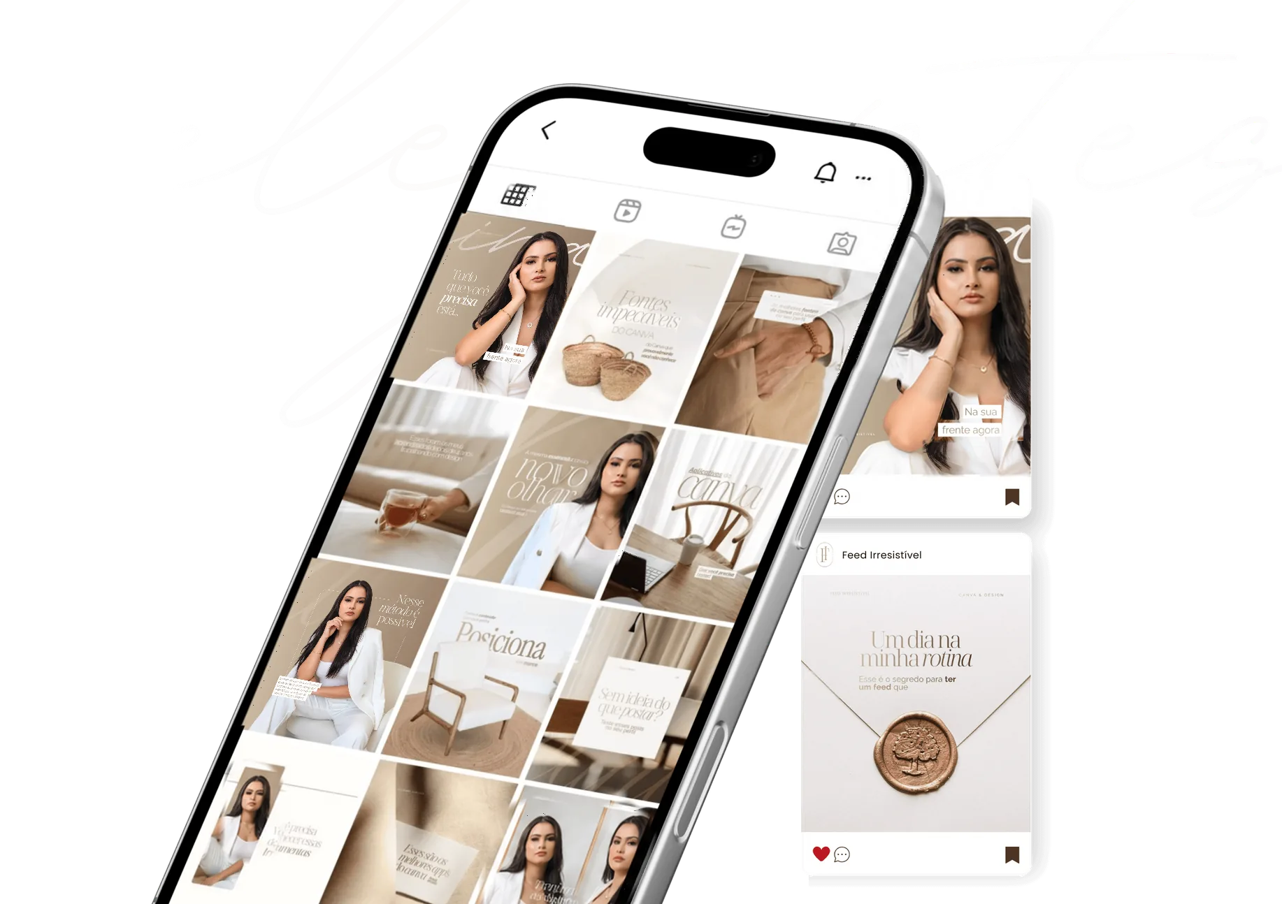 Celular mostrando um feed de Instagram montado com os modelos do Feed Irresistível